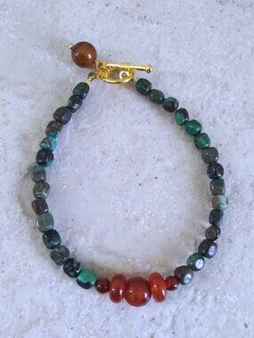 Handmade! CottageCore ForestCore Beaded Fall Bracelet. Green Jasper Orange Agate